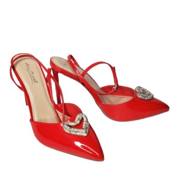 Anne Michelle Red Pointed Toe Ankle Strap Stiletto Heel with Rhinestone Heart . - Picture 3 of 5